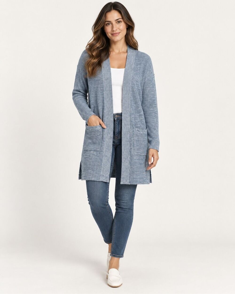 Linda Matthews Open Front Knit Cardigan Light Blue Large NWT Longline Pockets